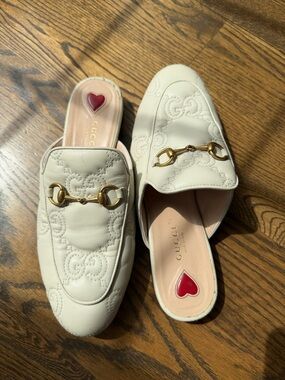 Gucci Cream Leather Horsebit GG Embossed Slide Mules
